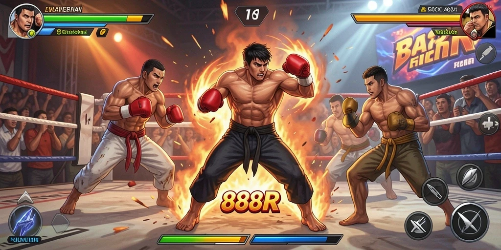 Tampilan gameplay <strong>888R</strong> yang menegangkan dengan aksi bertarung seru.