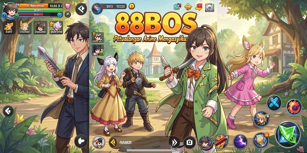 Screenshot gameplay 88BOS menampilkan dunia anime yang penuh warna.