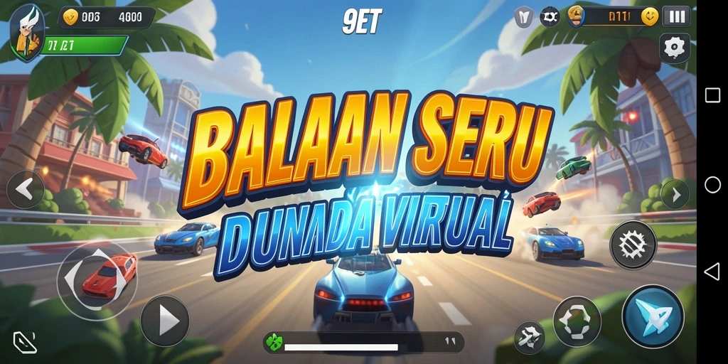 Gameplay balapan 9ET dengan mobil cepat dan trek menantang.