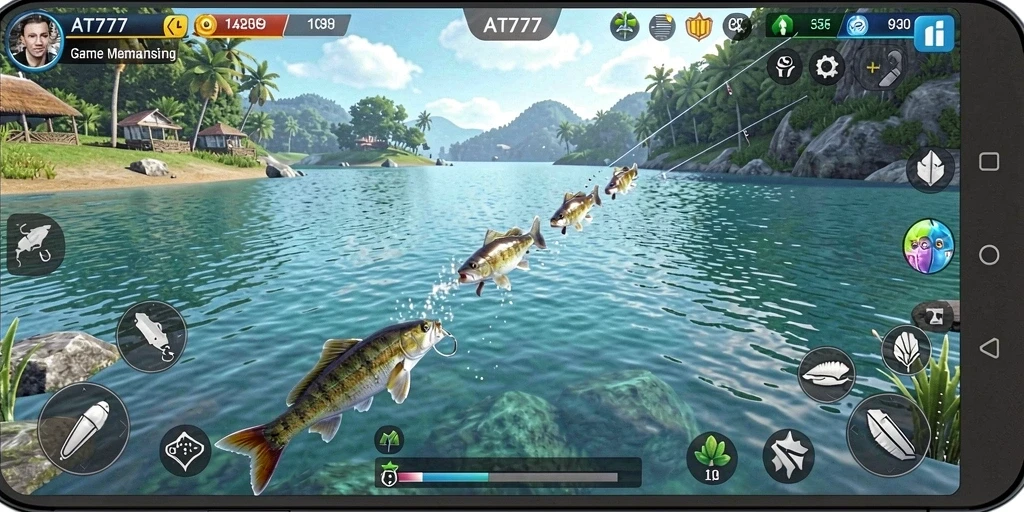 Screenshot gameplay AT777 dengan aksi memancing yang mendebarkan.