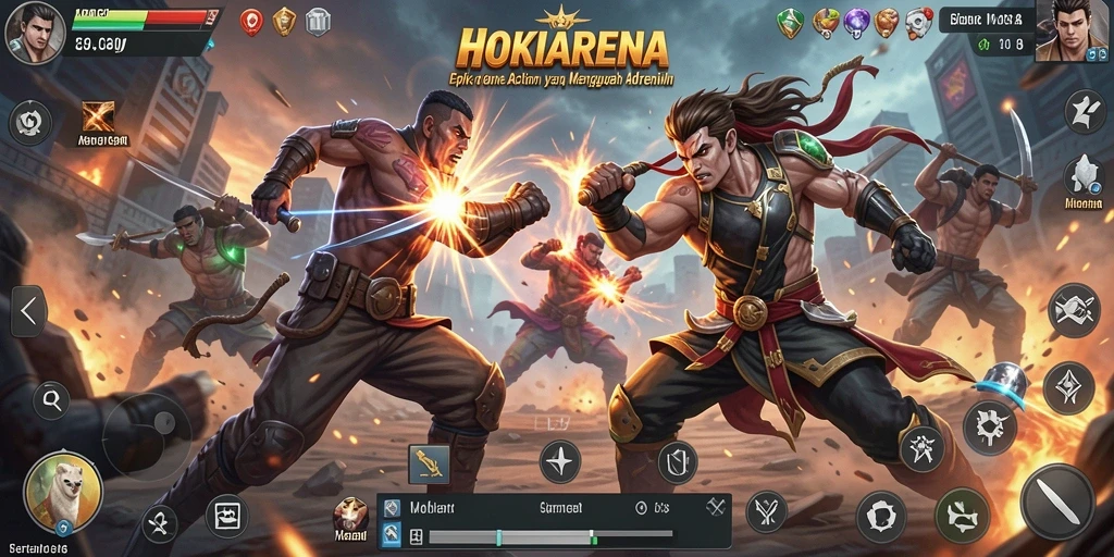 Tampilan gameplay yang dinamis dan penuh aksi di HOKIARENA.