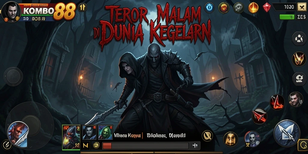 Screenshot gameplay KOMBO88 menampilkan suasana menyeramkan saat menjelajahi kegelapan.