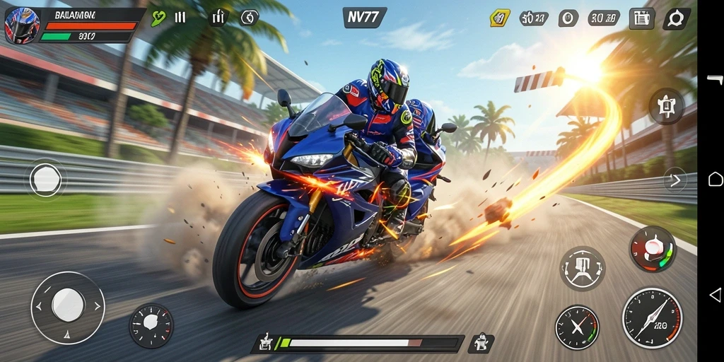 Screenshot gameplay NV77 menampilkan balapan motor yang intens dan mendebarkan.