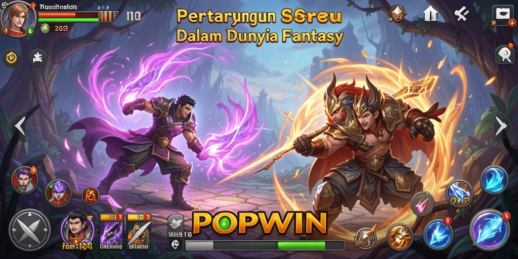 Tampilan aksi pertarungan seru di POPWIN dengan karakter unik.