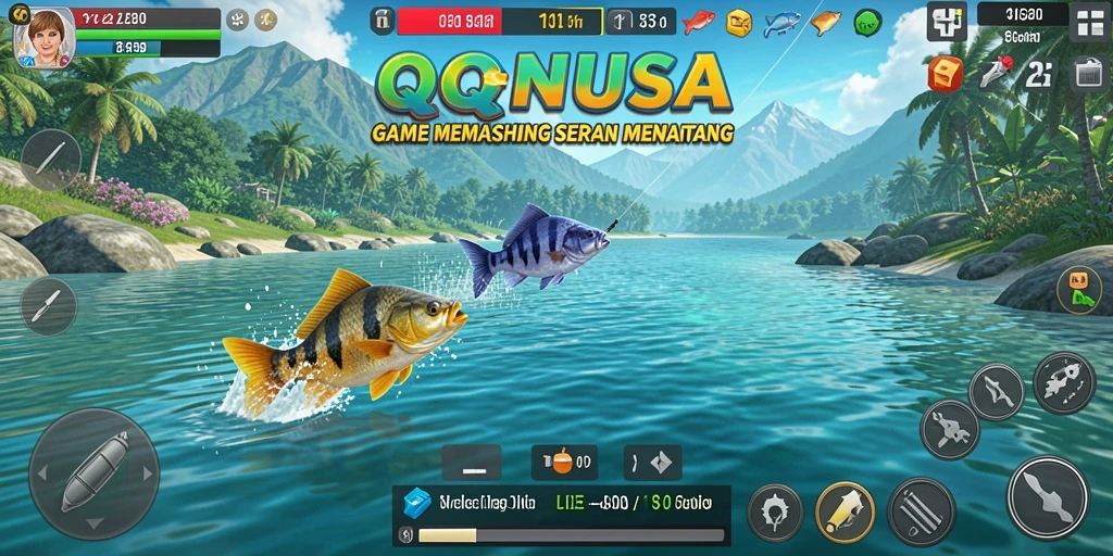 Screenshot utama QQNUSA menampilkan pengalaman seru memancing di lautan biru.
