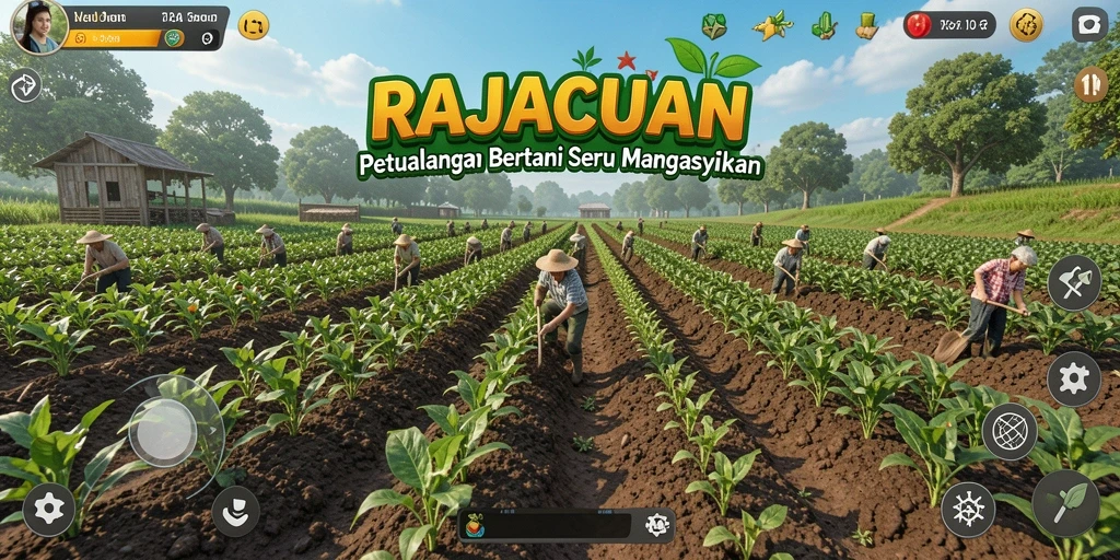 Screenshot gameplay RAJACUAN menampilkan kebun yang subur dan tanaman yang beragam.