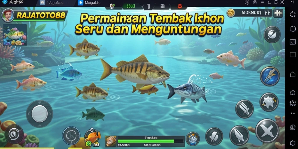 Tampilan gameplay seru dalam RAJATOTO88 saat menembak ikan.