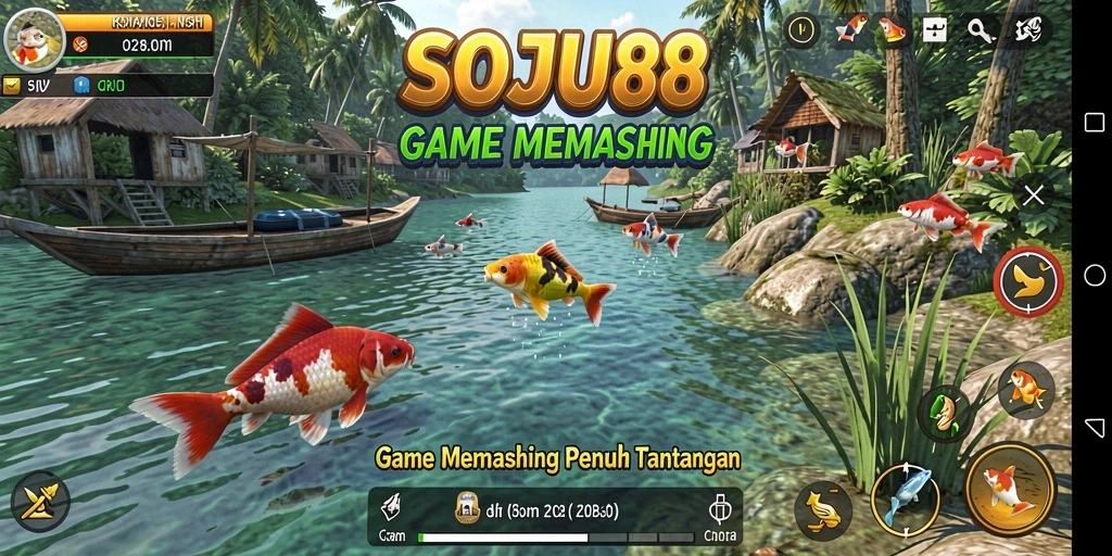 Tampilan gameplay SOJU88 dengan berbagai lokasi memancing yang indah.