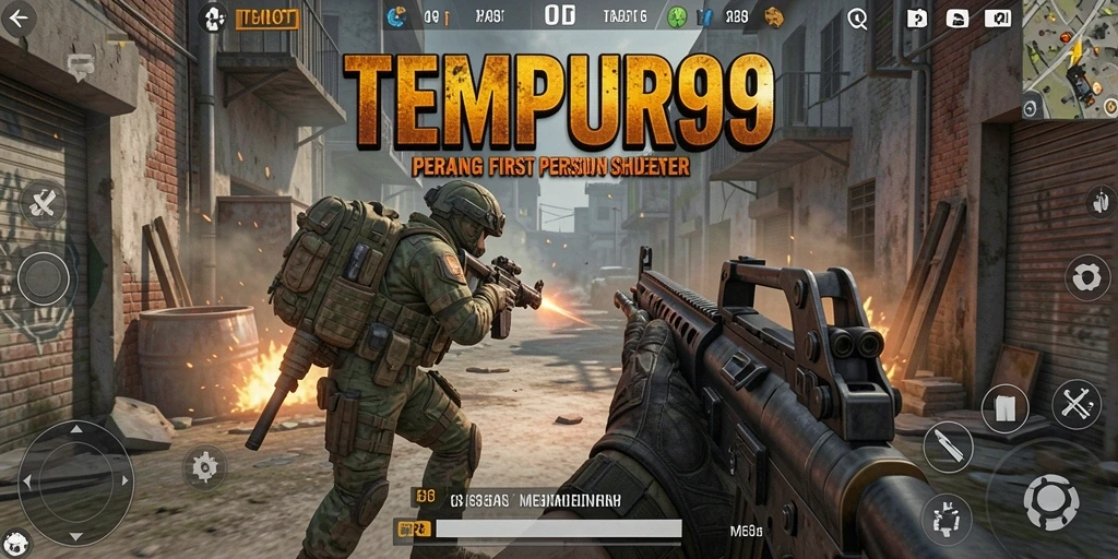 Screenshot TEMPUR99 menampilkan karakter dalam pertempuran intens di peta urban.
