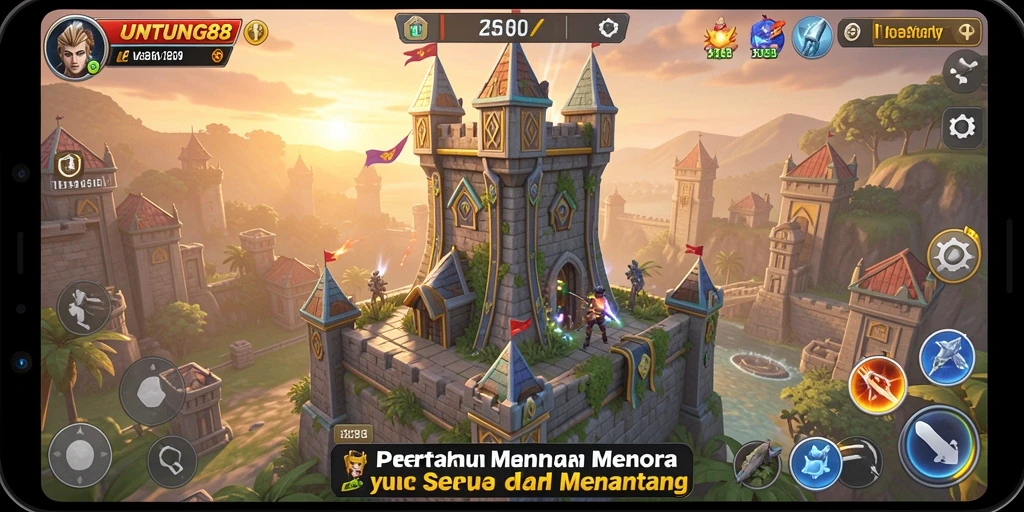 Gameplay seru Tower Defense UNTUNG88 dengan berbagai menara dan musuh.